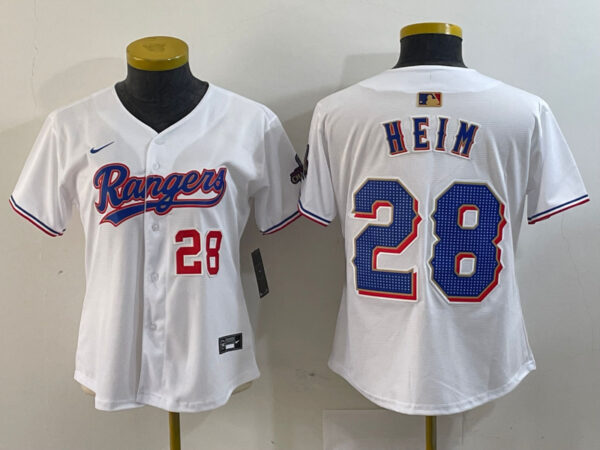 WomenTexas Rangers #28 Jonah Heim White Gold Cool Base Stitched Baseball Jersey