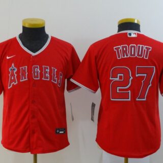 Youth Angels 27 Mike Trout Red Youth 2020 Nike Cool Base Jersey