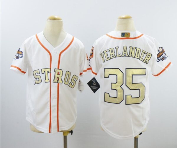 Youth Astros 35 Justin Verlander White Youth 2018 Gold Program Cool Base Jersey