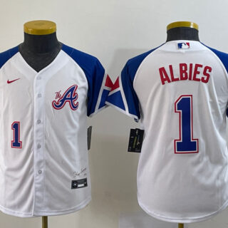 Youth Atlanta Braves #1 Ozzie Albies White 2023 City Connect With Patch Stitched Baseball Jersey