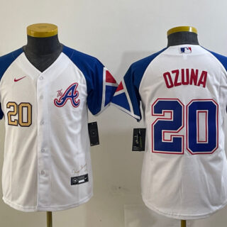 Youth Atlanta Braves #20 Marcell Ozuna White 2023 City Connect Stitched Baseball Jersey(Run Small)