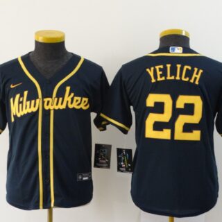 Youth Brewers 22 Christian Yelich Navy Youth Nike 2020 Cool Base Jersey