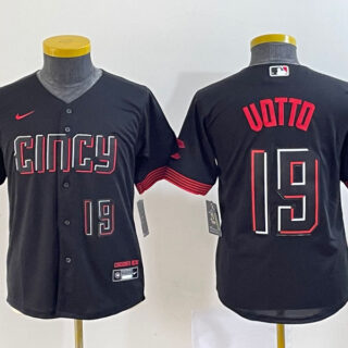Youth Cincinnati Reds #19 Joey Votto Black 2023 City Connect With Patch Stitched Baseball Jersey