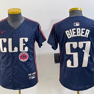 Youth Cleveland Guardians #57 Shane Bieber Navy 2024 City Connect Limited Stitched Baseball Jerseys