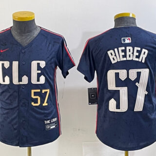 Youth Cleveland Guardians #57 Shane Bieber Navy 2024 City Connect Limited Stitched Baseball Jersey