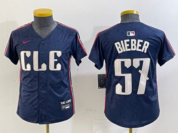 Youth Cleveland Guardians #57 Shane Bieber Navy 2024 City Connect Limited Stitched Baseball Jerseys