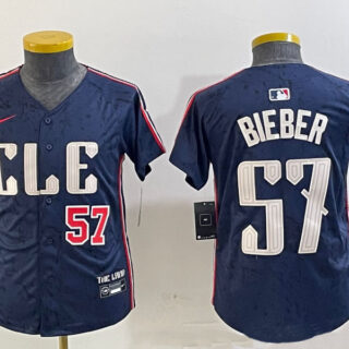 Youth Cleveland Guardians #57 Shane Bieber Navy 2024 City Connect Limited Stitched Baseball Jerseys