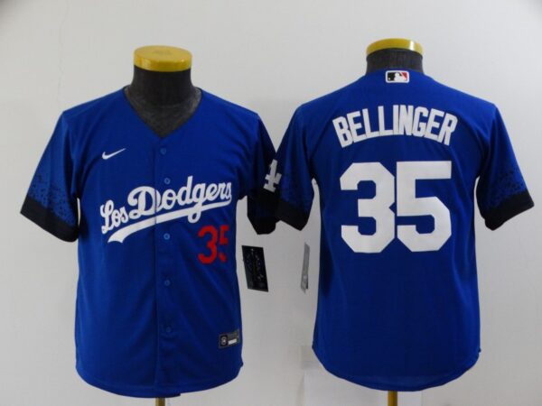 Youth Dodgers 35 Cody Bellinger Royal Youth 2021 City Connect Cool Base Jersey