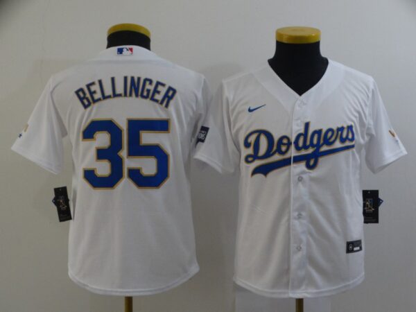 Youth Dodgers 35 Cody Bellinger White Youth Nike 2021 Gold Program Cool Base Jersey