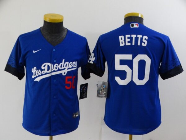 Youth Dodgers 50 Mookie Betts Royal Youth 2021 City Connect Cool Base Jersey