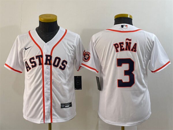 Youth Houston Astros #3 Jeremy Peña White With Patch Cool Base Stitched Jersey
