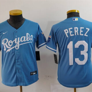 Youth Kansas City Royals #13 Salvador Perez Light Blue Stitched Baseball Jersey