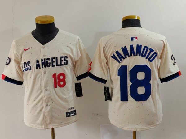 Youth Los Angeles Dodgers #18 Yoshinobu Yamamoto Cream Stitched Baseball Jerseys