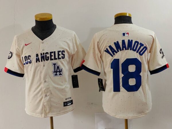 Youth Los Angeles Dodgers #18 Yoshinobu Yamamoto Cream Stitched Baseball Jerseys