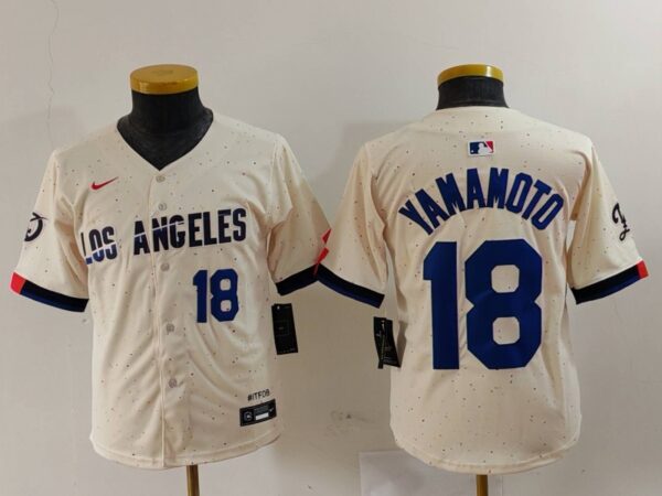 Youth Los Angeles Dodgers #18 Yoshinobu Yamamoto Cream Stitched Baseball Jerseys