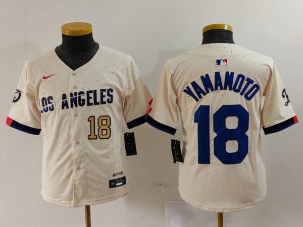 Youth Los Angeles Dodgers #18 Yoshinobu Yamamoto Cream Stitched Baseball Jerseys