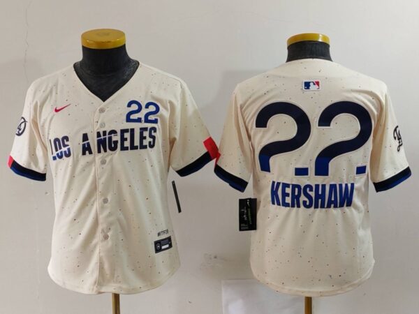 Youth Los Angeles Dodgers #22 Clayton Kershaw Cream Stitched Baseball Jerseys
