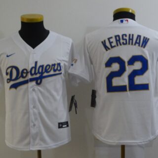 Youth Los Angeles Dodgers #22 Clayton Kershaw Nike White Gold 2021 Gold Program Player Jersey