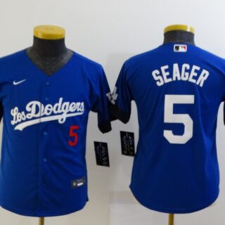 Youth Los Angeles Dodgers #5 Corey Seager Blue 2021 City Connect Number Cool Base Stitched Jersey