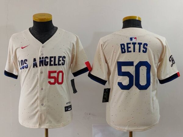 Youth Los Angeles Dodgers #50 Mookie Betts Cream 2024 City Connect Limited Stitched Baseball Jerseys