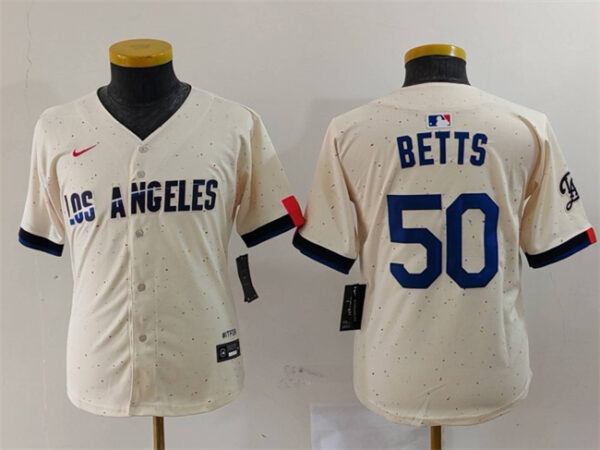 Youth Los Angeles Dodgers #50 Mookie Betts Cream Stitched Baseball Jersey