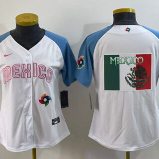 Youth Mexico Baseball 2023 White Blue Big Logo World Baseball Classic With Patch Stitched Jersey