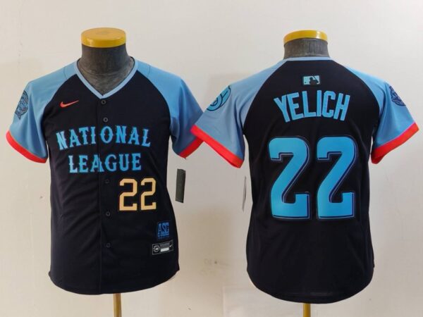 Youth National League #22 Christian Yelich Navy 2024 All-Star Limited Stitched Baseball Jerseys