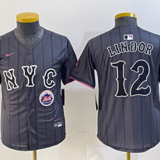 Youth New York Mets #12 Francisco Lindor Graphite 2024 City Connect Limited Stitched Baseball Jersey