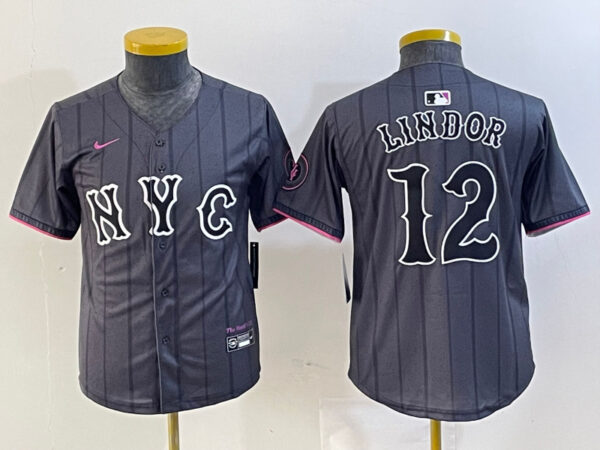 Youth New York Mets #12 Francisco Lindor Graphite 2024 City Connect Limited Stitched Baseball Jersey