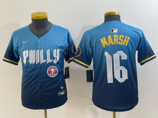 Youth Philadelphia Phillies #16 Brandon Marsh Blue 2024 City Connect Limited Stitched Jersey