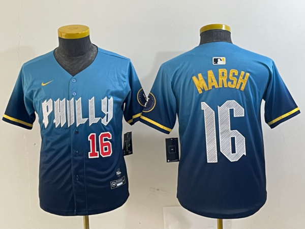 Youth Philadelphia Phillies #16 Brandon Marsh Blue 2024 City Connect Limited Stitched Jersey