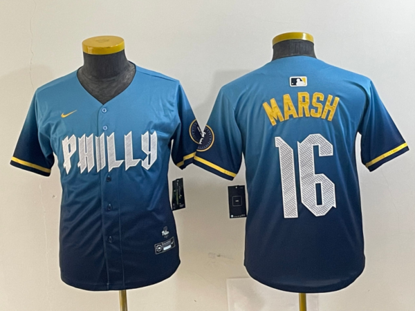 Youth Philadelphia Phillies #16 Brandon Marsh Blue 2024 City Connect Limited Stitched Jersey