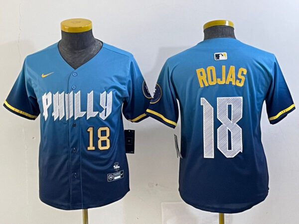 Youth Philadelphia Phillies #18 Johan Rojas Blue 2024 City Connect Limited Stitched jerseys 1