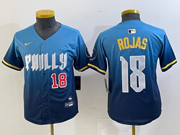 Youth Philadelphia Phillies #18 Johan Rojas Blue 2024 City Connect Limited Stitched jerseys 2