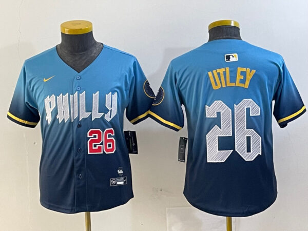 Youth Philadelphia Phillies #26 Chase Utley Blue 2024 City Connect Limited Stitched