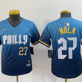 Youth Philadelphia Phillies #27 Aaron Nola Blue 2024 City Connect Limited Stitched Baseball Jersey