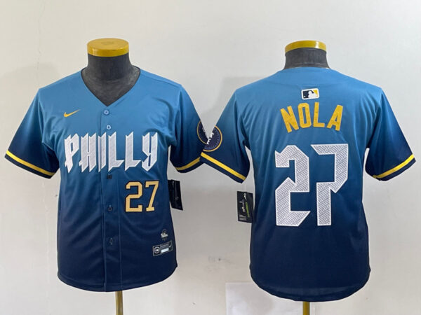 Youth Philadelphia Phillies #27 Aaron Nola Blue 2024 City Connect Limited Stitched Baseball Jersey