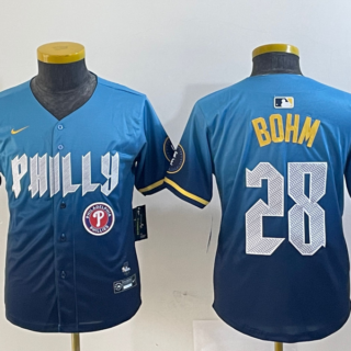 Youth Philadelphia Phillies #28 Alec Bohm Blue 2024 City Connect Limited Stitched Baseball Jersey