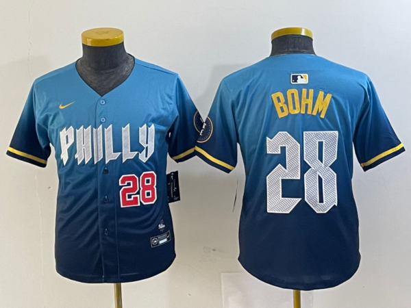 Youth Philadelphia Phillies #28 Alec Bohm Blue 2024 City Connect Limited Stitched Baseball Jersey
