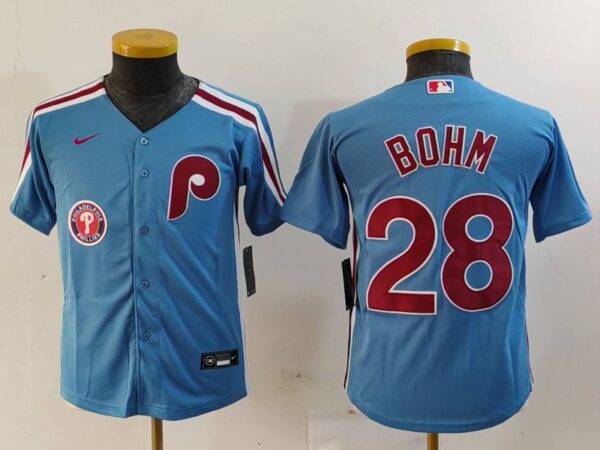Youth Philadelphia Phillies #28 Alec Bohm Blue Cool Base Stitched Baseball Jerseys