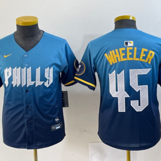 Youth Philadelphia Phillies #45 Zack Wheeler Blue 2024 City Connect Limited Stitched Baseball Jersey