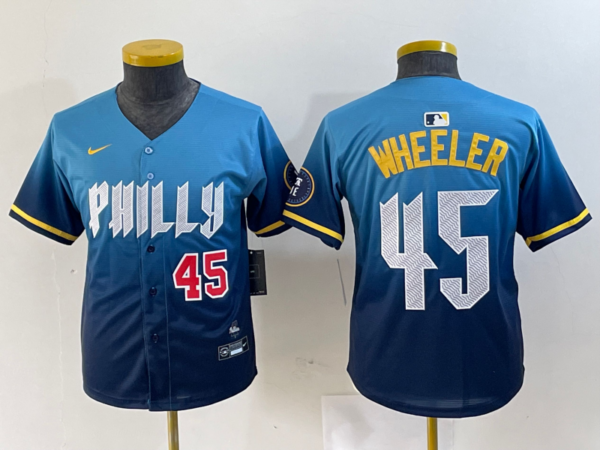 Youth Philadelphia Phillies #45 Zack Wheeler Blue 2024 City Connect Limited Stitched Baseball Jersey