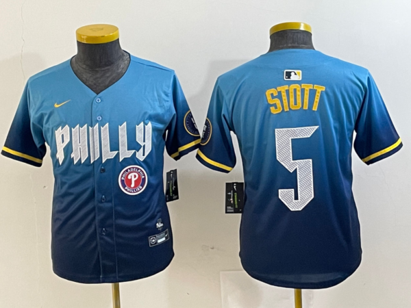Youth Philadelphia Phillies #5 Bryson Stott Blue 2024 City Connect Limited Stitched Baseball Jersey