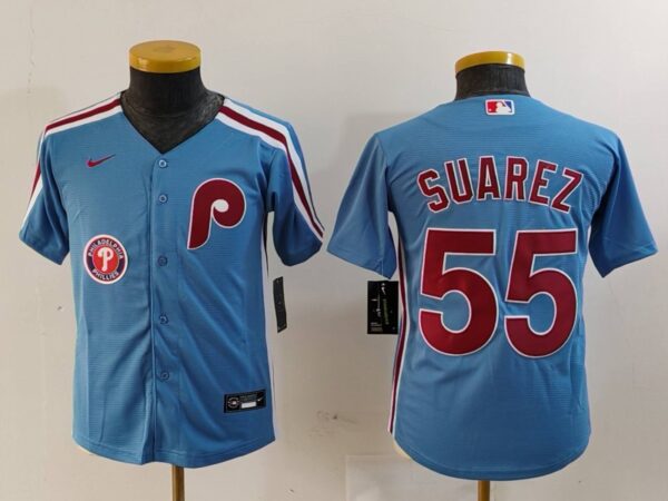 Youth Philadelphia Phillies #55 Ranger Suárez Blue Cool Base Stitched Baseball Jerseys