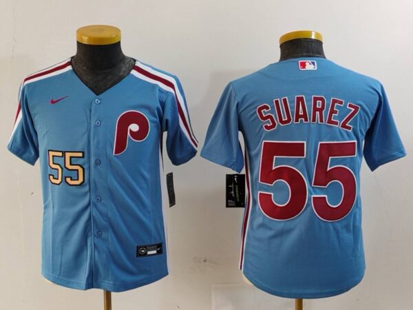 Youth Philadelphia Phillies #55 Ranger Suárez Blue Cool Base Stitched Baseball Jerseys