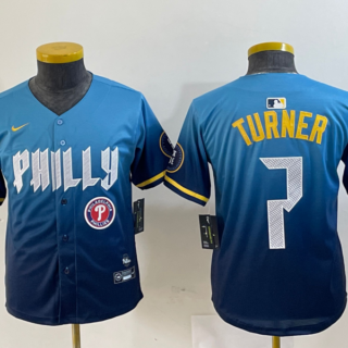 Youth Philadelphia Phillies #7 Trea Turner Blue 2024 City Connect Limited Stitched Jersey