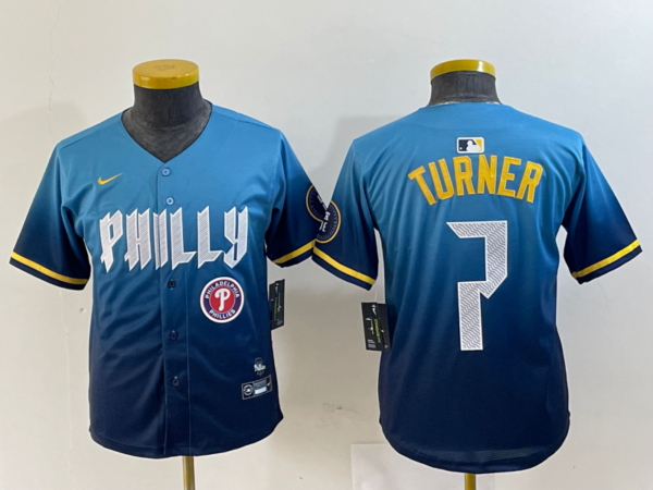Youth Philadelphia Phillies #7 Trea Turner Blue 2024 City Connect Limited Stitched Jersey