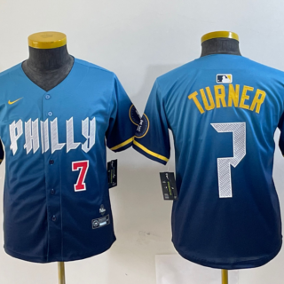 Youth Philadelphia Phillies #7 Trea Turner Blue 2024 City Connect Limited Stitched Jersey