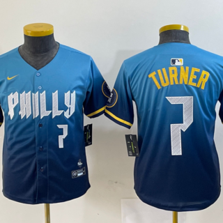 Youth Philadelphia Phillies #7 Trea Turner Blue 2024 City Connect Limited Stitched Jersey