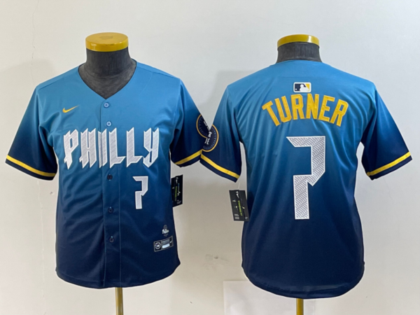 Youth Philadelphia Phillies #7 Trea Turner Blue 2024 City Connect Limited Stitched Jersey
